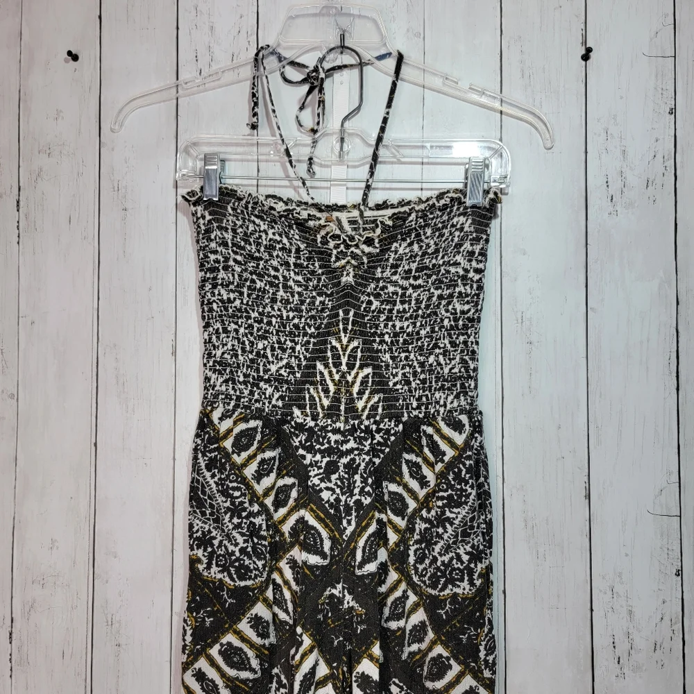 Free People Balloon Gauzy Smocked Jumpsuit Size S Black Tribal Pockets Halter. - Picture 4 of 11
